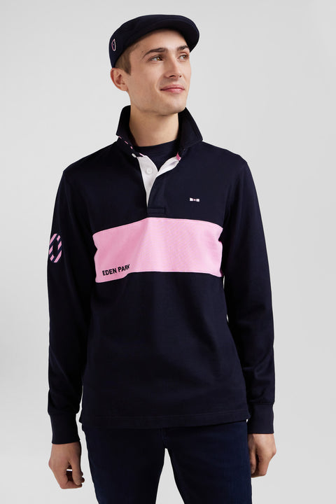 Regular long-sleeved cotton rugby shirt with navy and pink stripes - Image 3