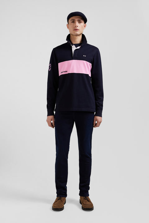 Regular long-sleeved cotton rugby shirt with navy and pink stripes - Image 1