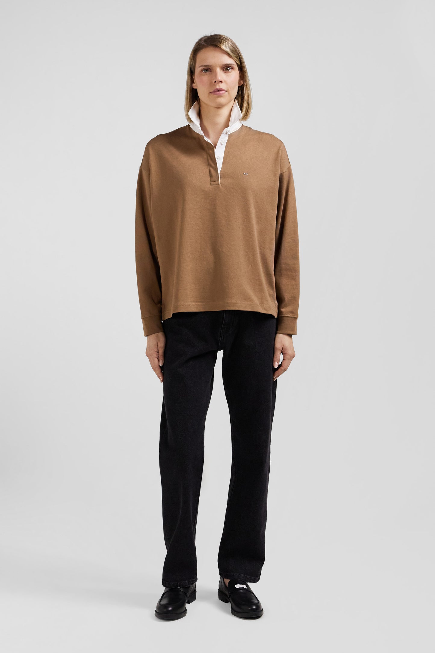 Relaxed camel long-sleeved cotton rugby shirt