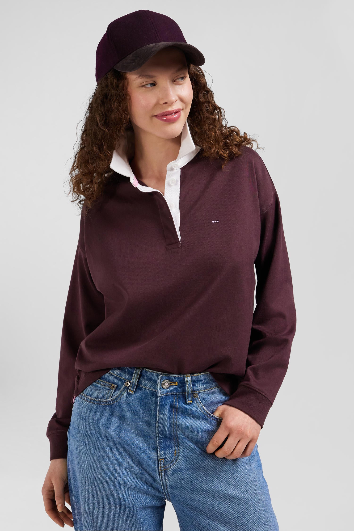 Relaxed burgundy long-sleeved cotton rugby shirt