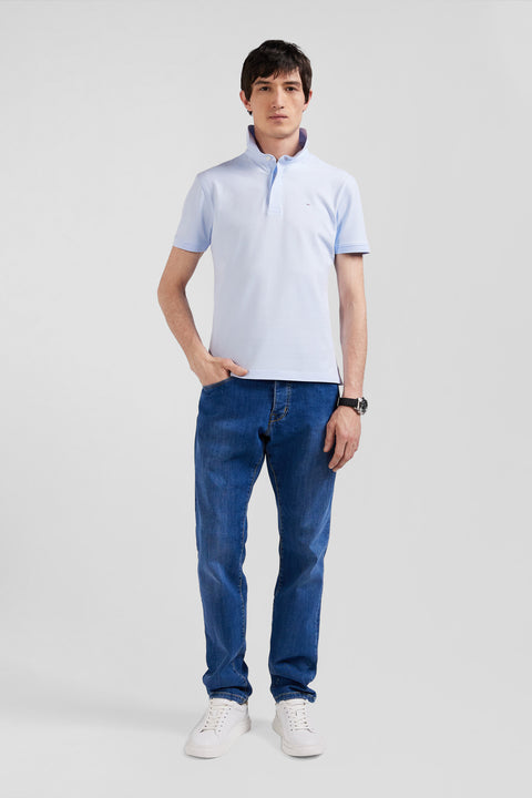 Slim sky blue short-sleeved stretch cotton polo shirt - Image 1