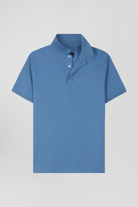 Slim blue short-sleeved stretch cotton polo shirt - Image 2