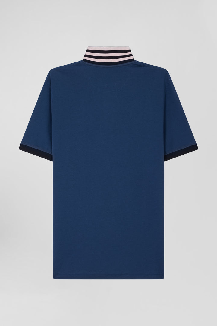 Regular blue short-sleeved cotton piqué polo shirt with contrasting details