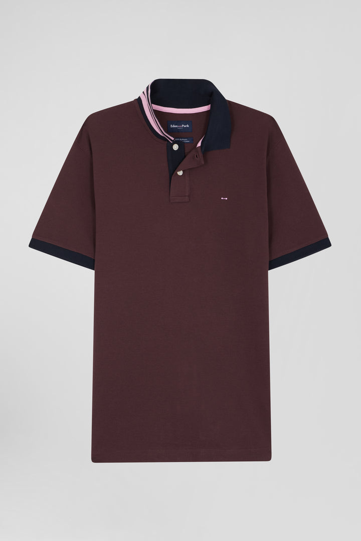 Regular burgundy short-sleeved cotton piqué polo shirt