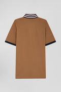 Regular camel short-sleeved cotton piqué polo shirt with contrasting details