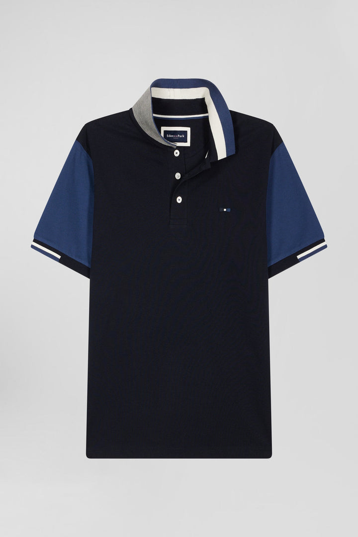 Polo manches courtes en piqué coton bleu marine col jacquard Eden Park coupe Regular alt view