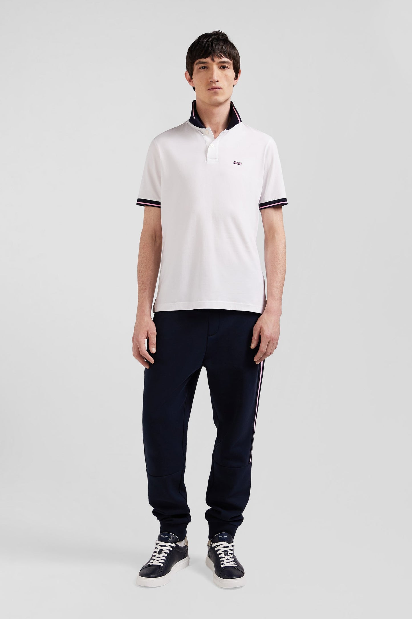 Polo manches courtes en coton stretch blanc col jacquard Eden Park coupe Slim - Image 1