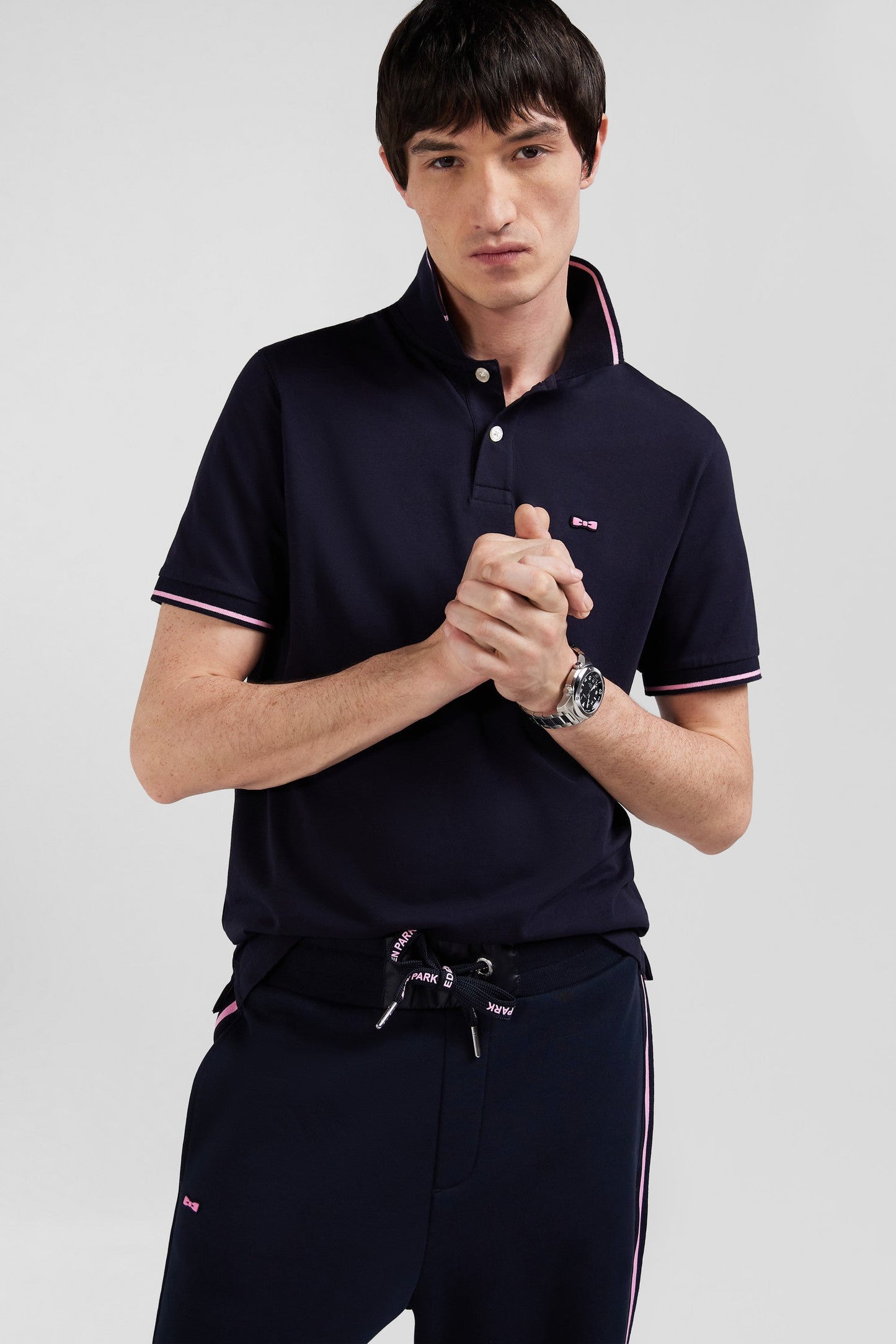 Polo manches courtes en coton stretch bleu marine col jacquard Eden Park coupe Slim - Image 3