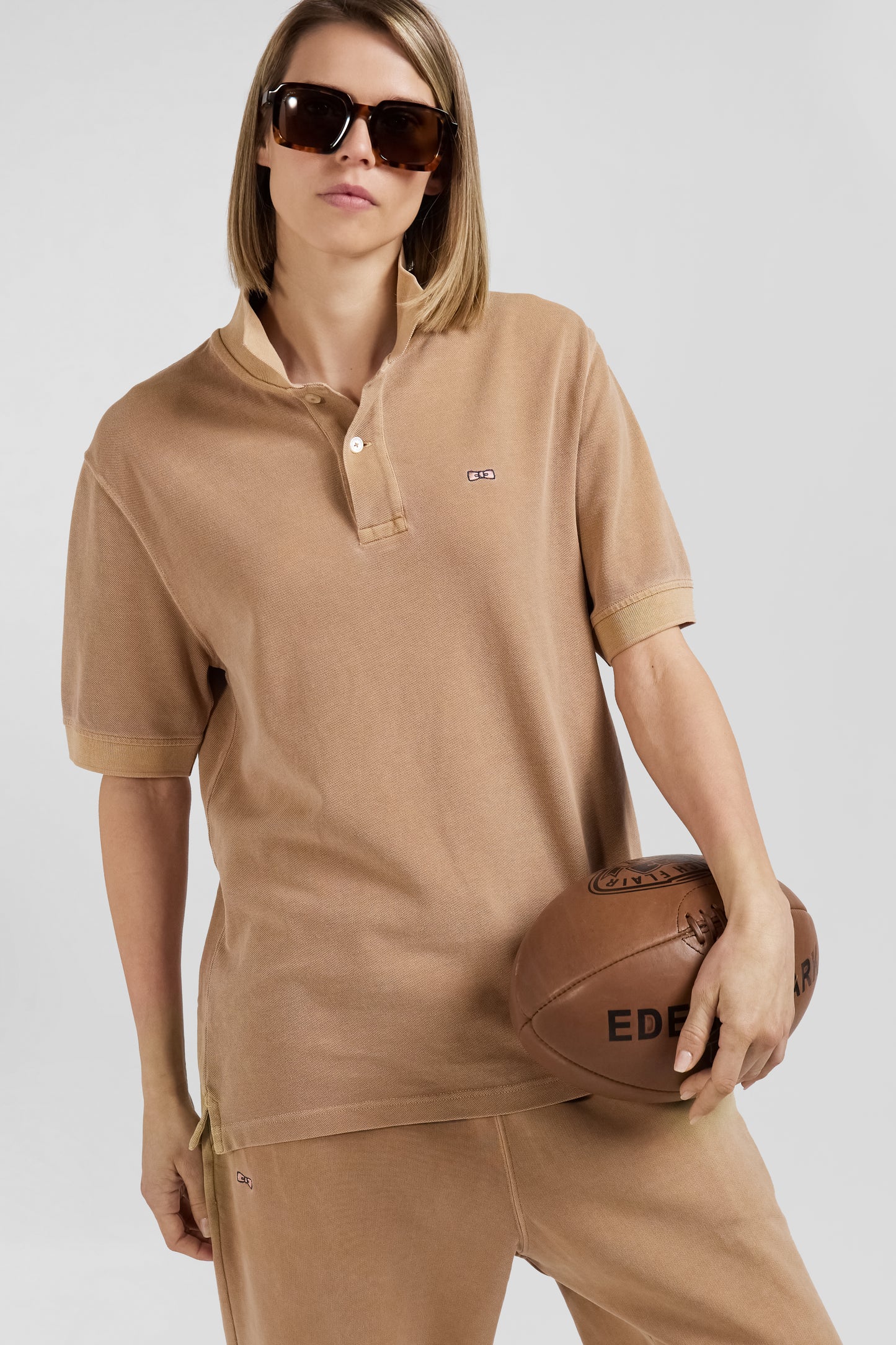 Unisex short-sleeve polo shirt in overdyed hazelnut cotton pique Oversized cut