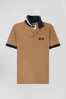 Short-sleeved polo shirt in hazelnut cotton piqué with tricolored details Oversized cut