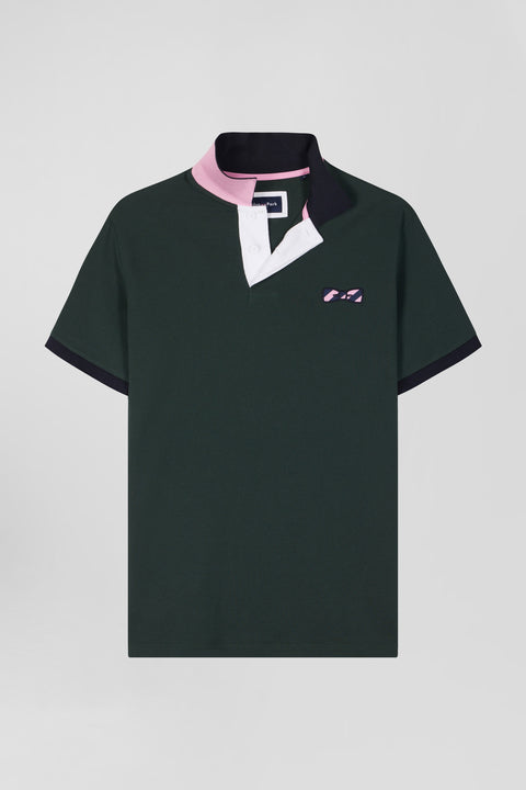 Regular green short-sleeved cotton piqué polo shirt with striped embroidery - Image 2