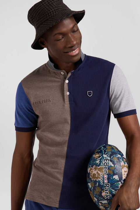 Regular navy blue colorblock short-sleeved cotton piqué polo shirt - Image 3