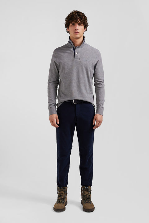 Long-sleeved grey cotton piqué polo shirt - Image 1