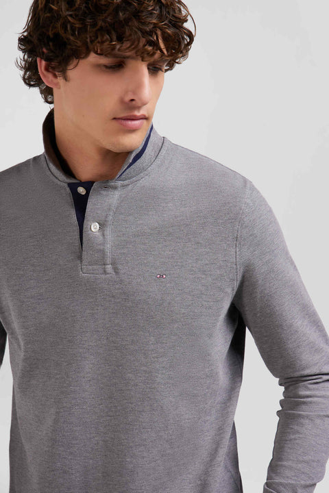 Long-sleeved grey cotton piqué polo shirt - Image 3