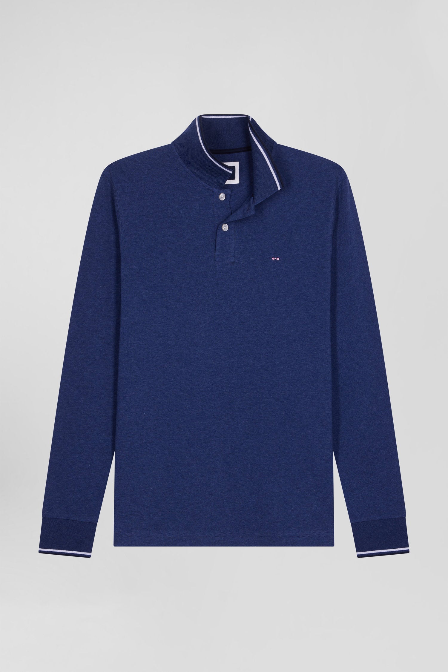 Polo manches longues bleu foncé en coton stretch finitions rayées