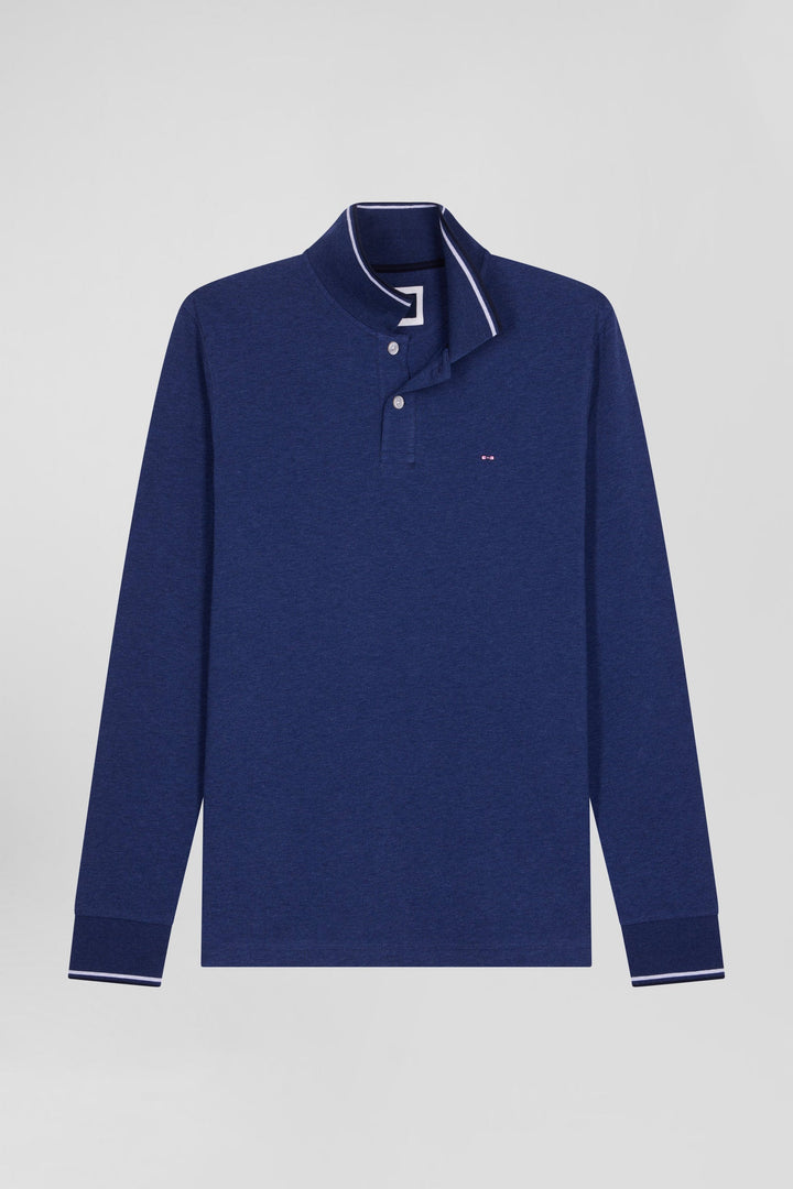 Polo manches longues bleu foncé en coton stretch finitions rayées alt view