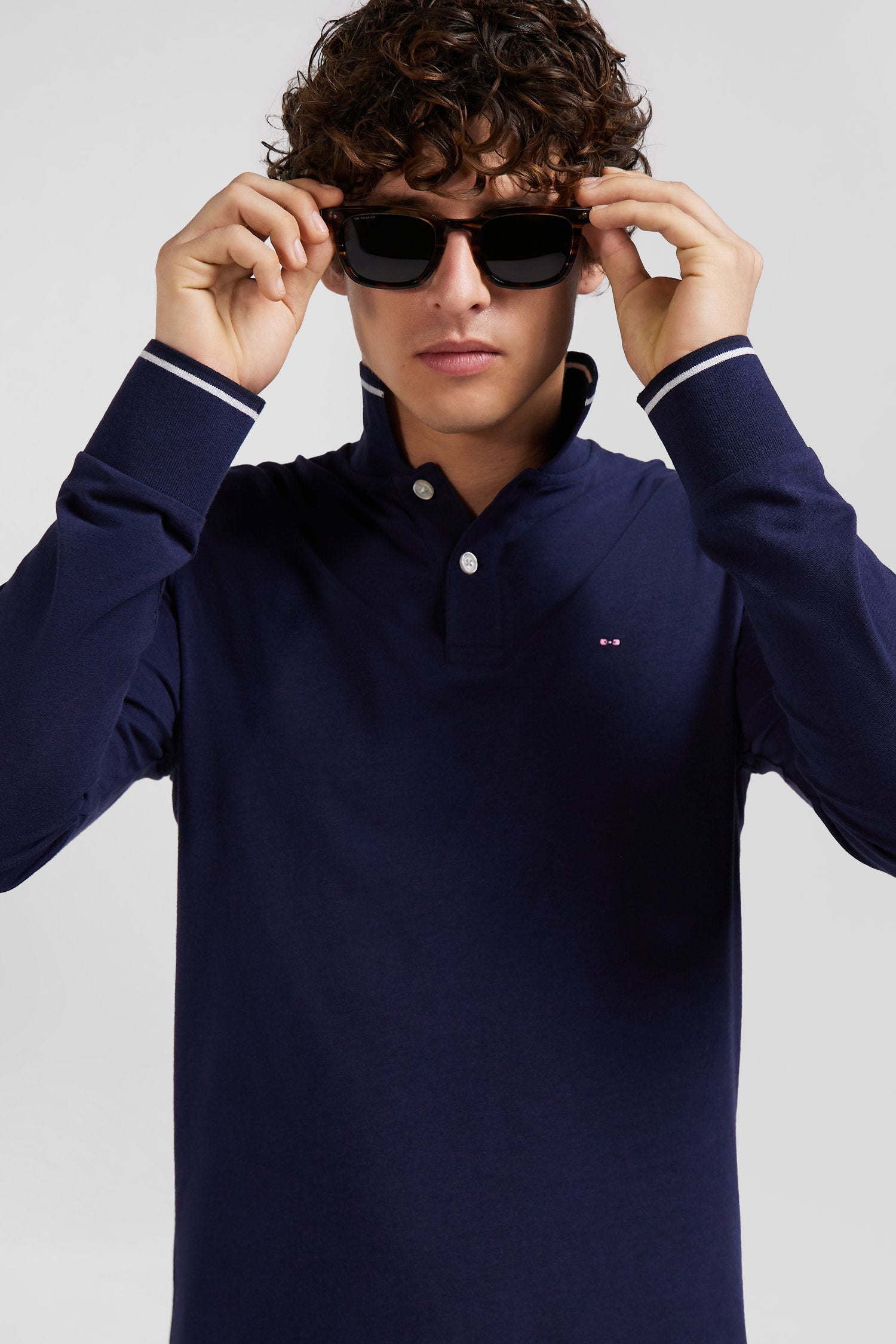 Polo manches longues bleu marine en coton stretch finitions rayées