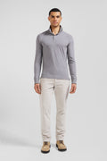 Polo manches longues gris en coton stretch finitions rayées