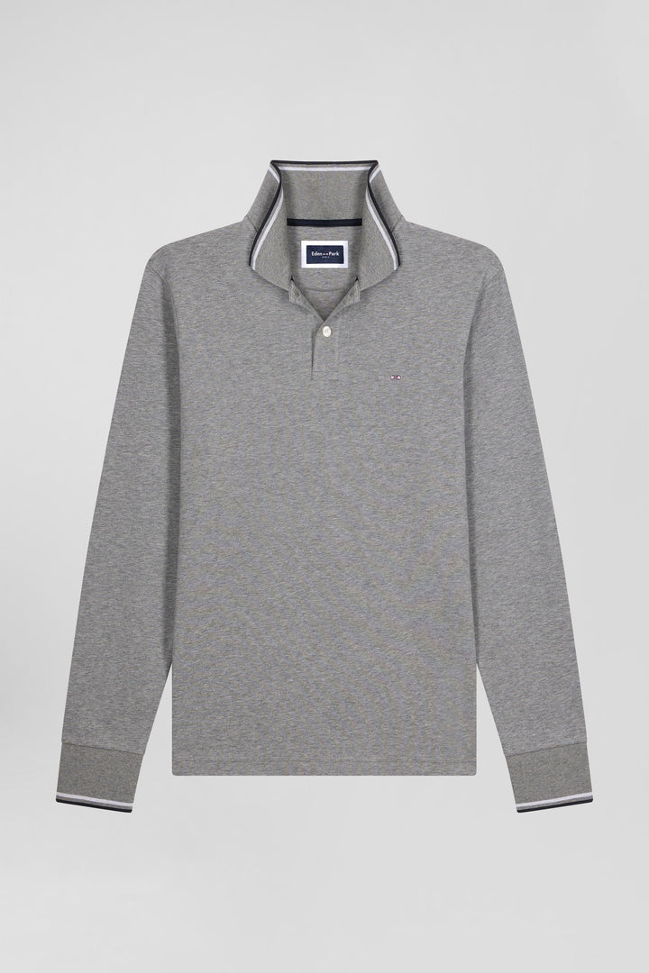 Polo manches longues gris en coton stretch finitions rayées alt view