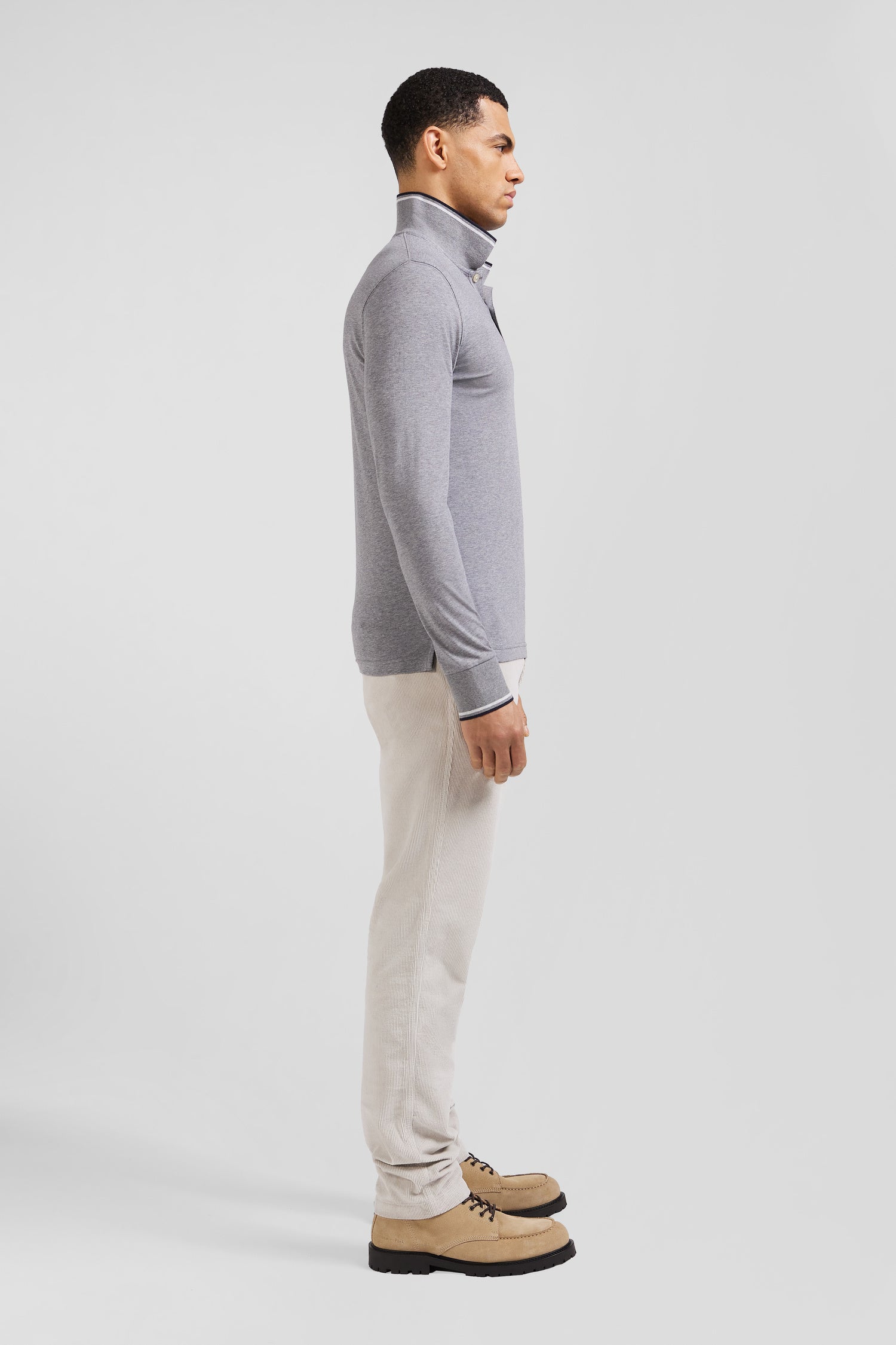 Polo manches longues gris en coton stretch finitions rayées