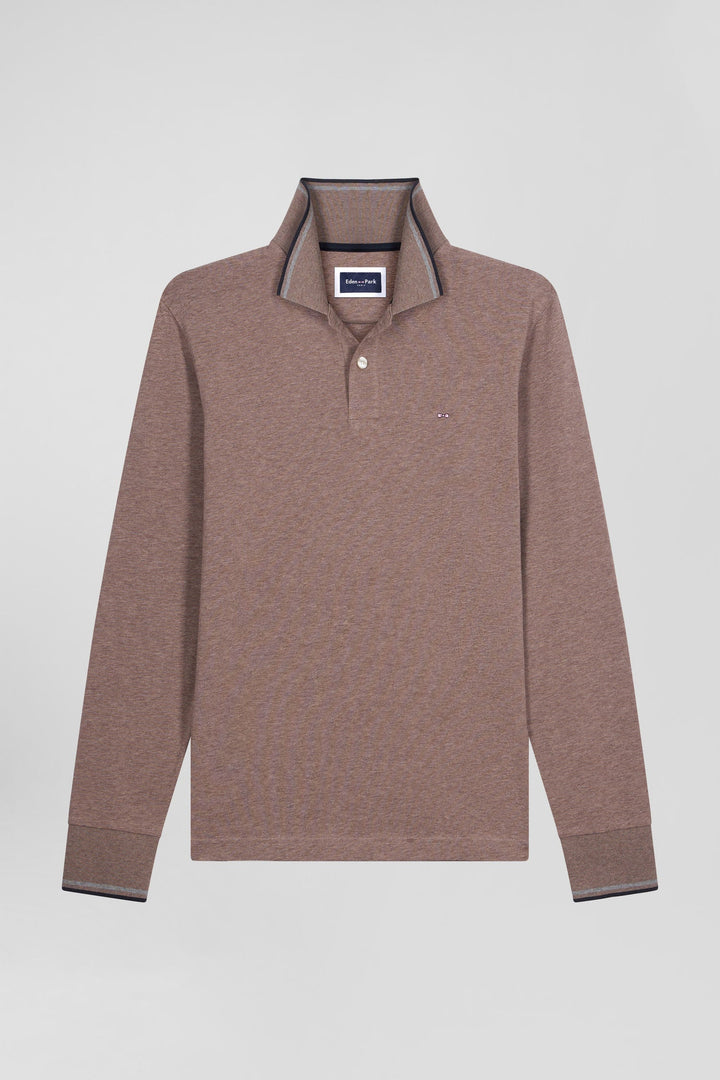 Polo manches longues marron en coton stretch finitions rayées alt view