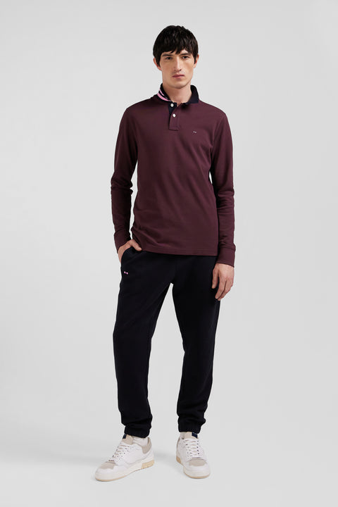 Regular burgundy long-sleeved cotton piqué polo shirt - Image 1