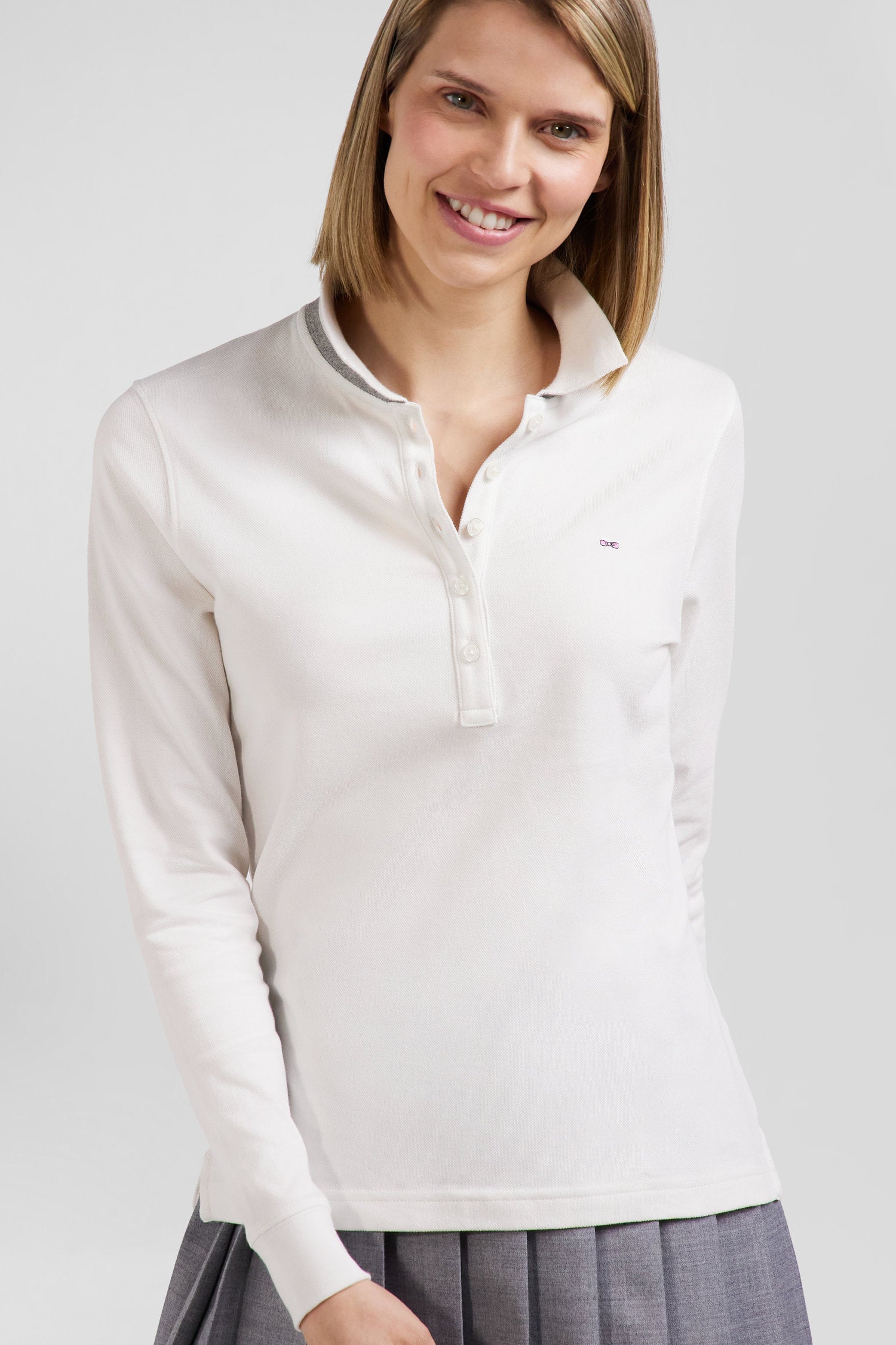 Slim ecru long-sleeved stretch cotton polo shirt with striped collar