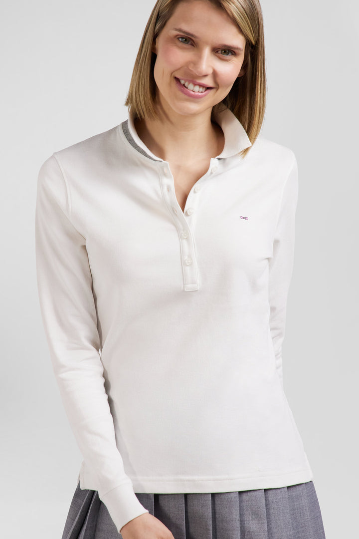 Slim ecru long-sleeved stretch cotton polo shirt with striped collar