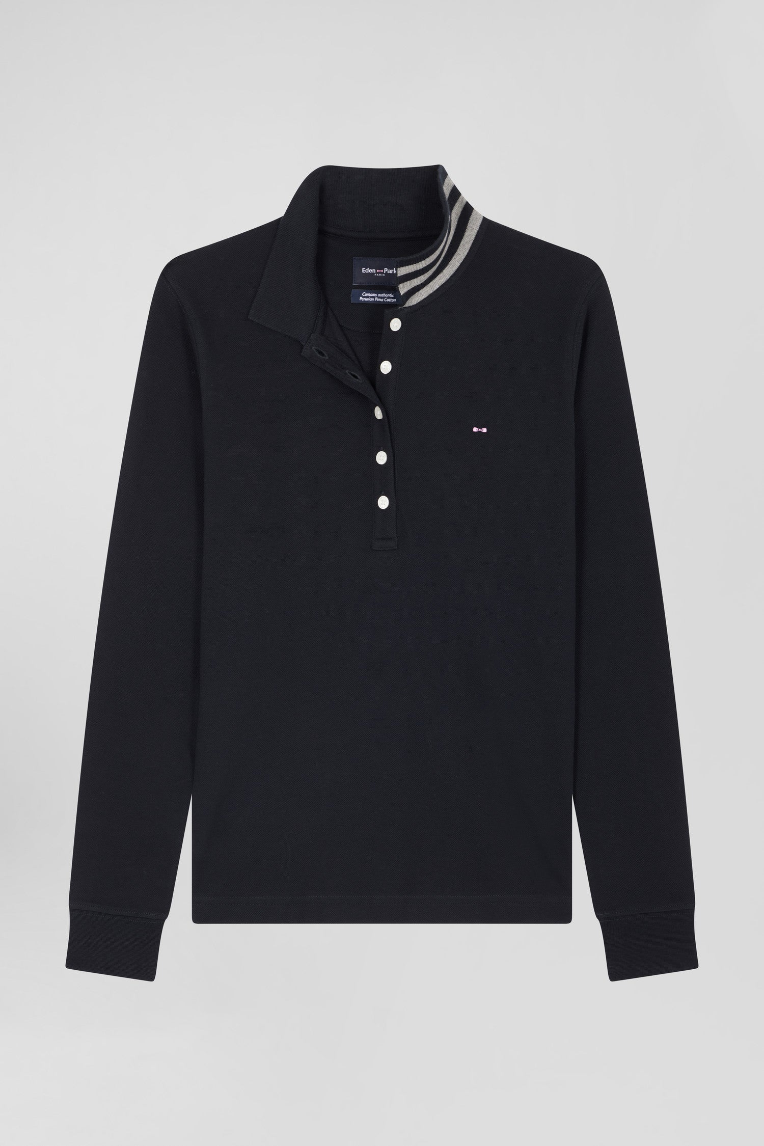 Slim black long-sleeved stretch cotton polo shirt with striped collar