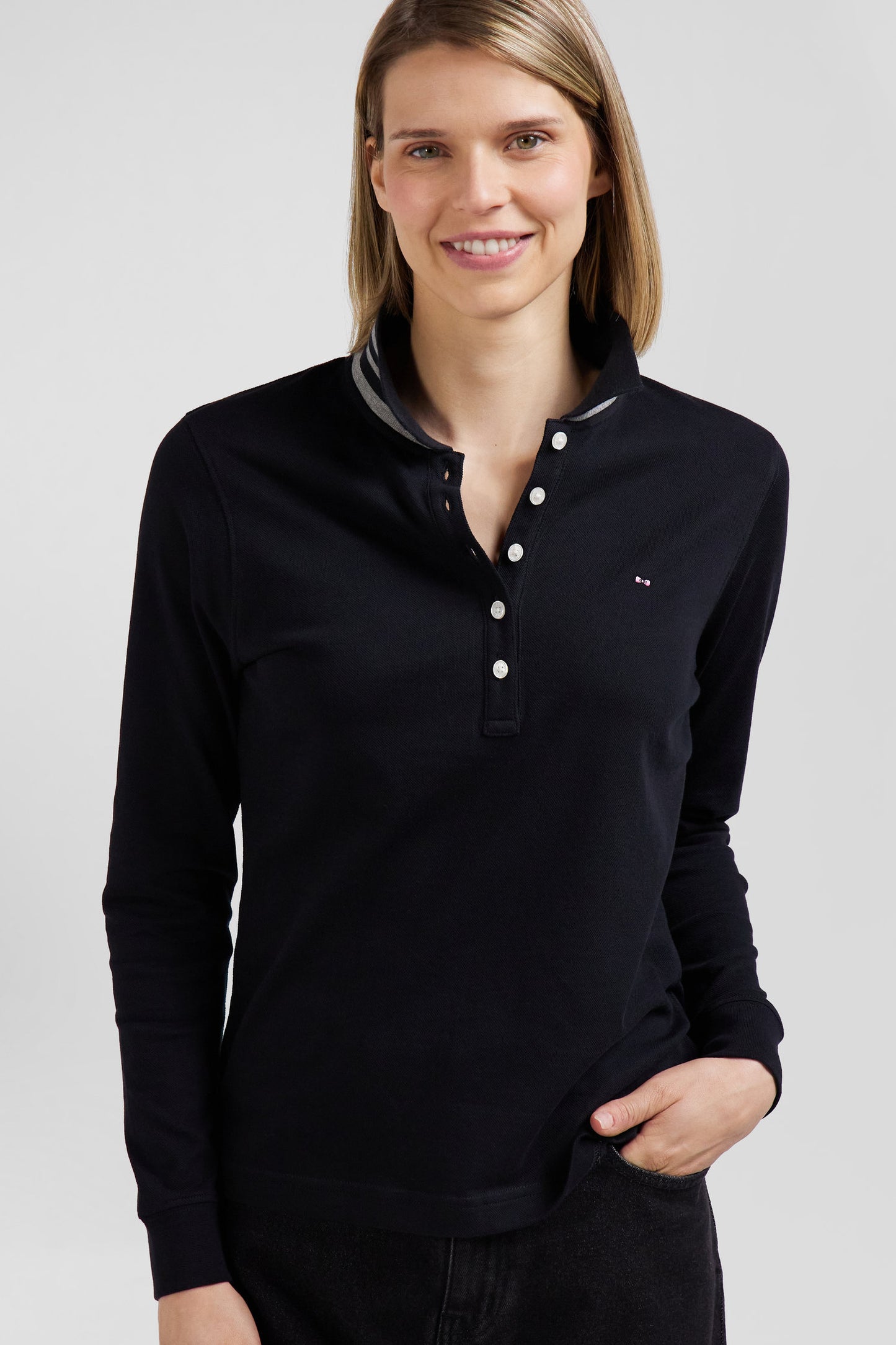 Slim black long-sleeved stretch cotton polo shirt with striped collar