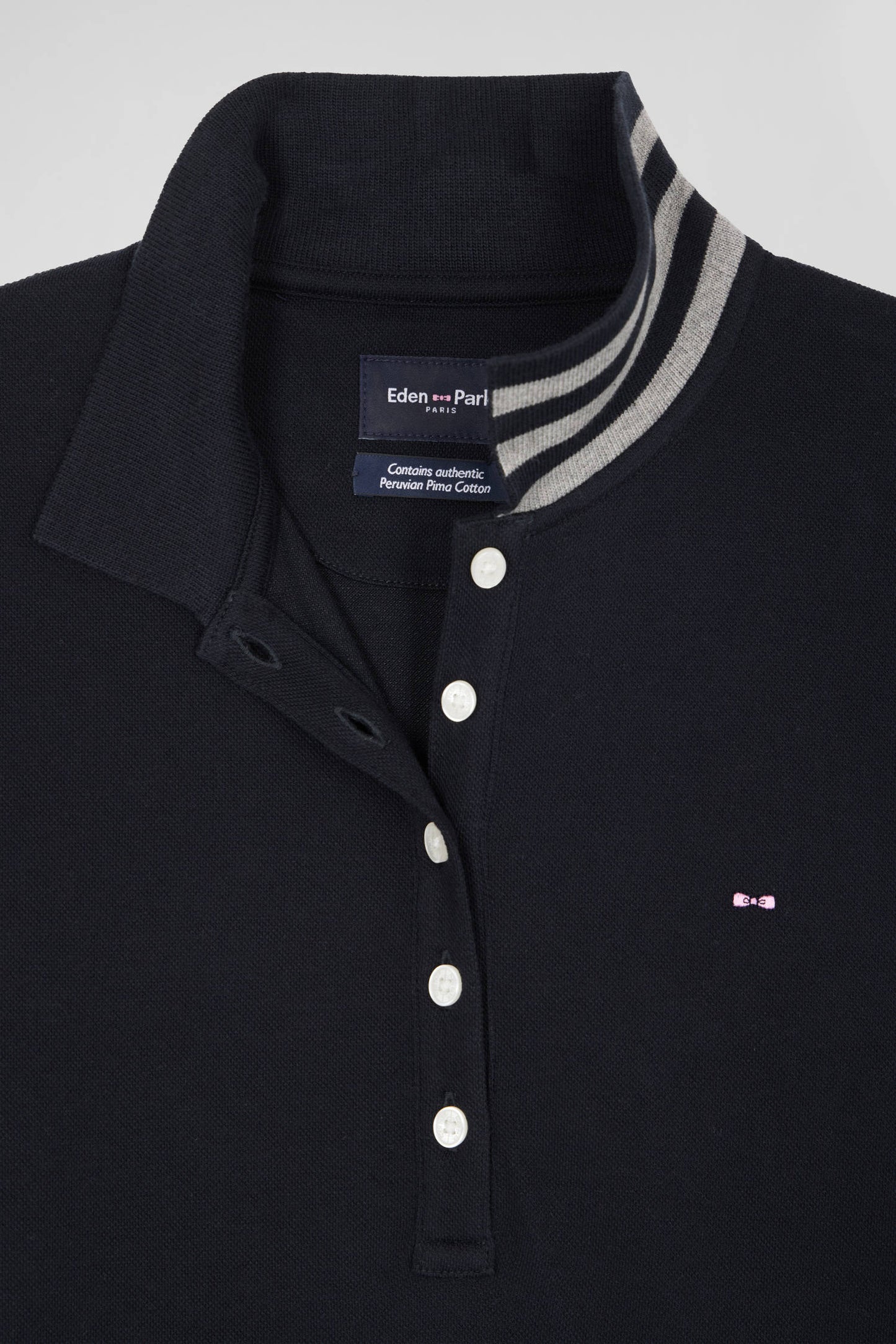 Slim black long-sleeved stretch cotton polo shirt with striped collar