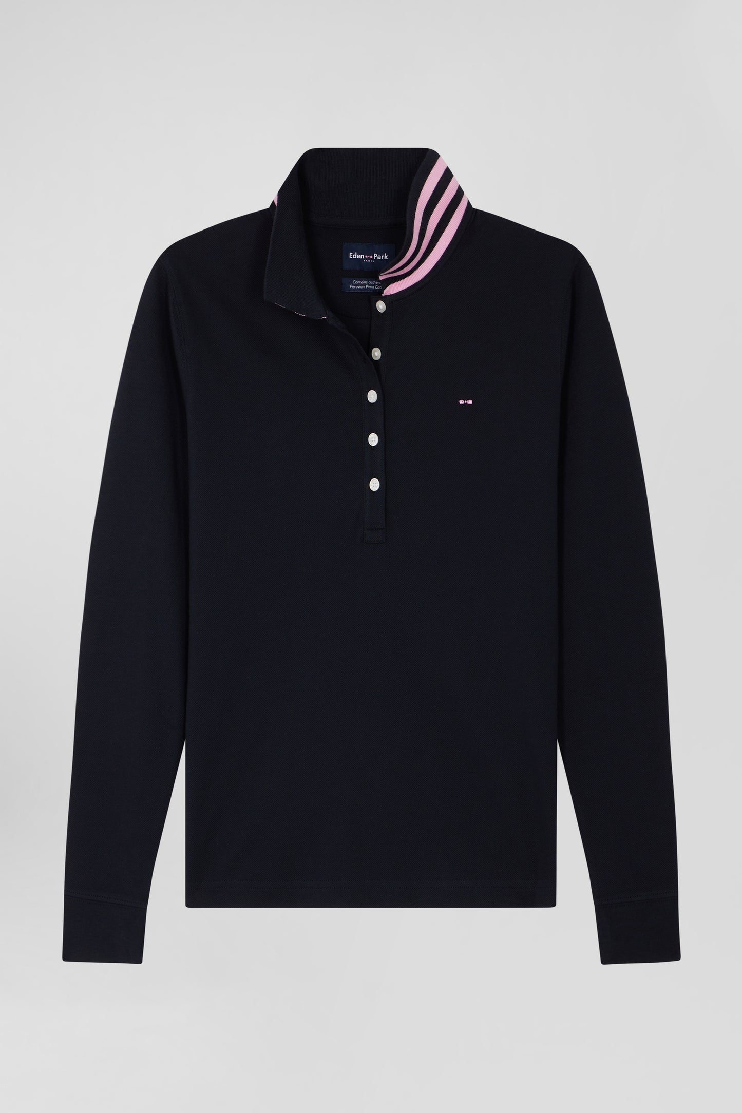 Slim navy blue long-sleeved stretch cotton polo shirt with striped collar