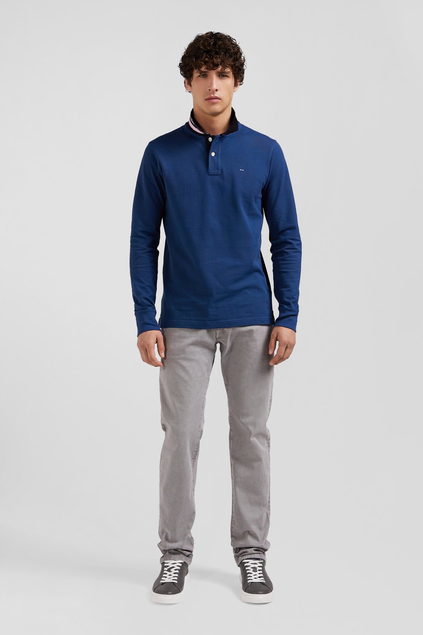 Regular dark blue long-sleeved cotton piqué polo shirt with striped collar