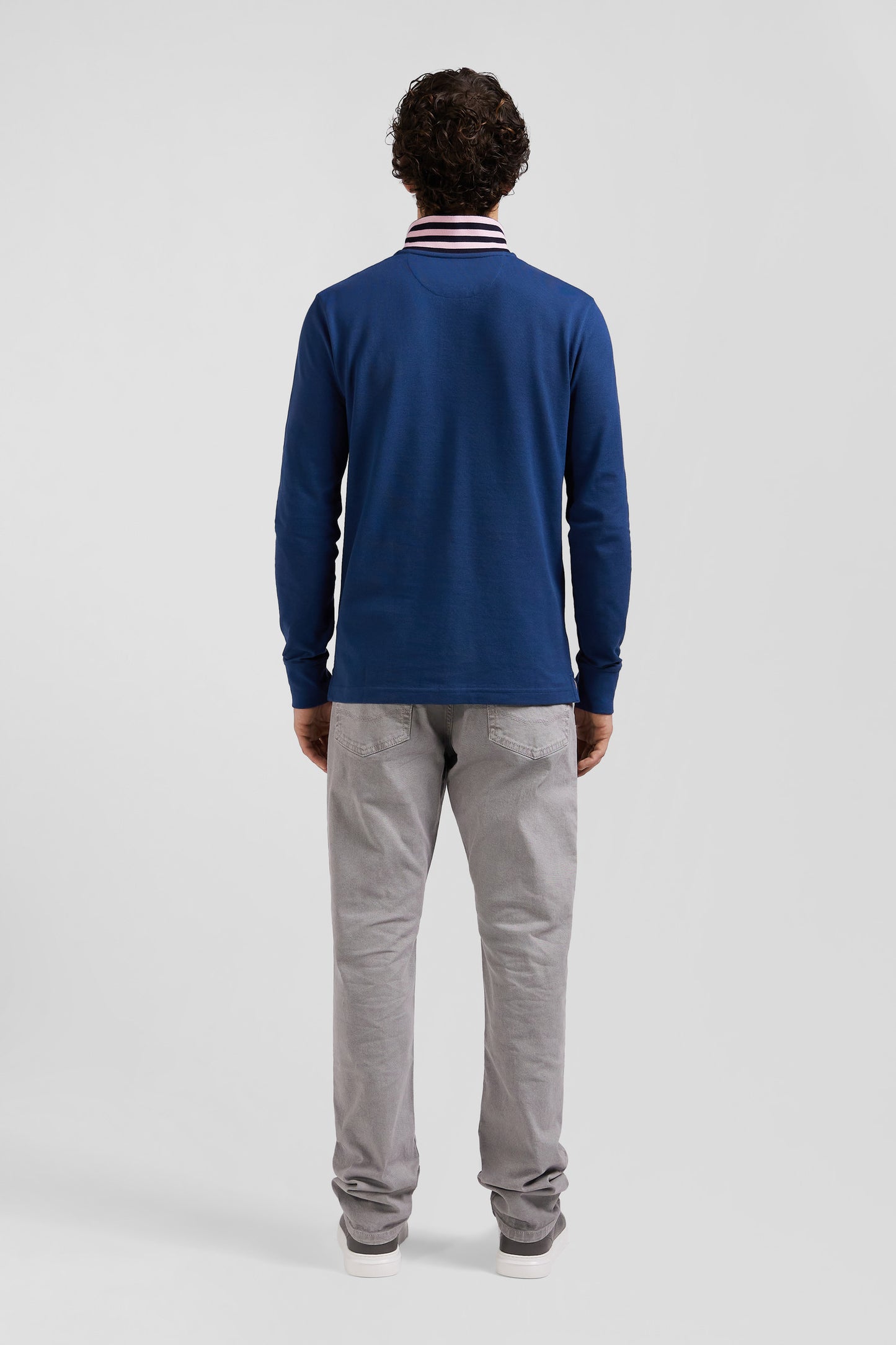 Regular dark blue long-sleeved cotton piqué polo shirt with striped collar