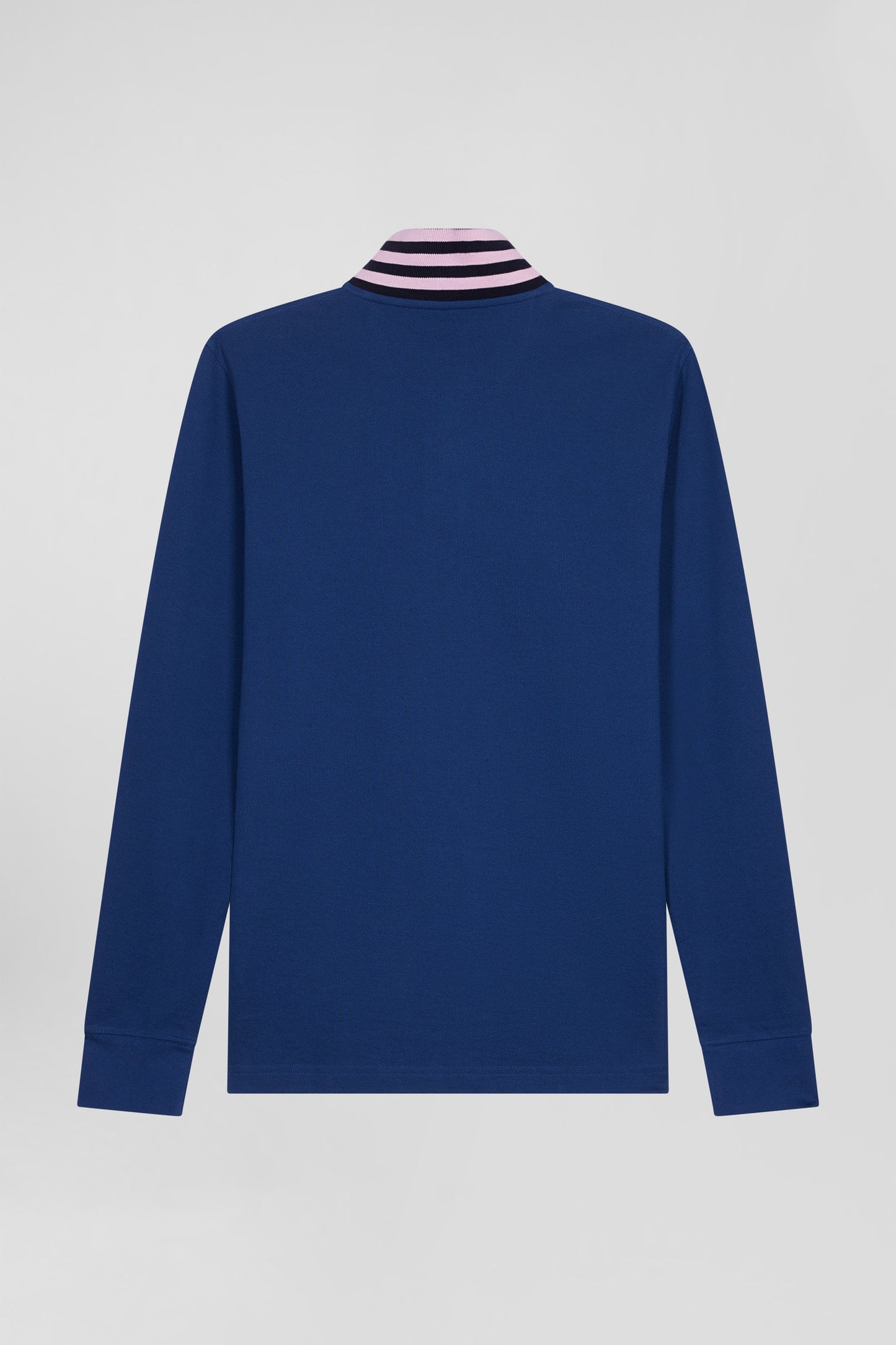Regular dark blue long-sleeved cotton piqué polo shirt with striped collar