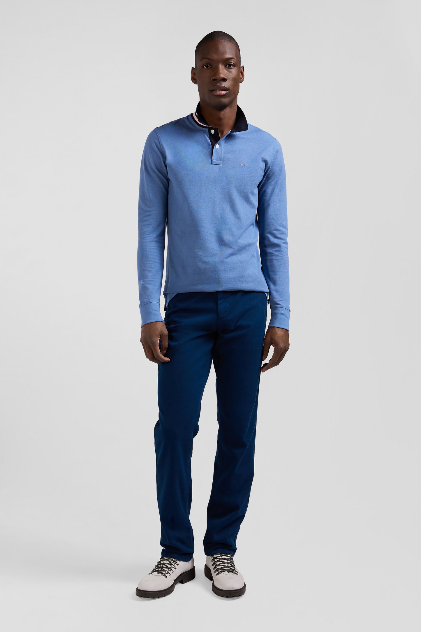 Regular sky blue long-sleeved cotton piqué polo shirt with striped collar