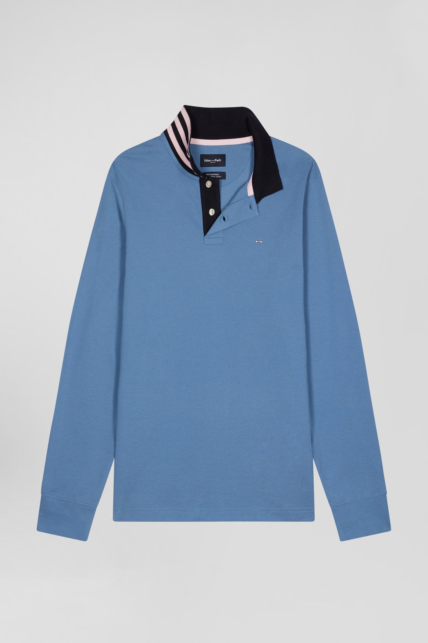 Regular sky blue long-sleeved cotton piqué polo shirt with striped collar