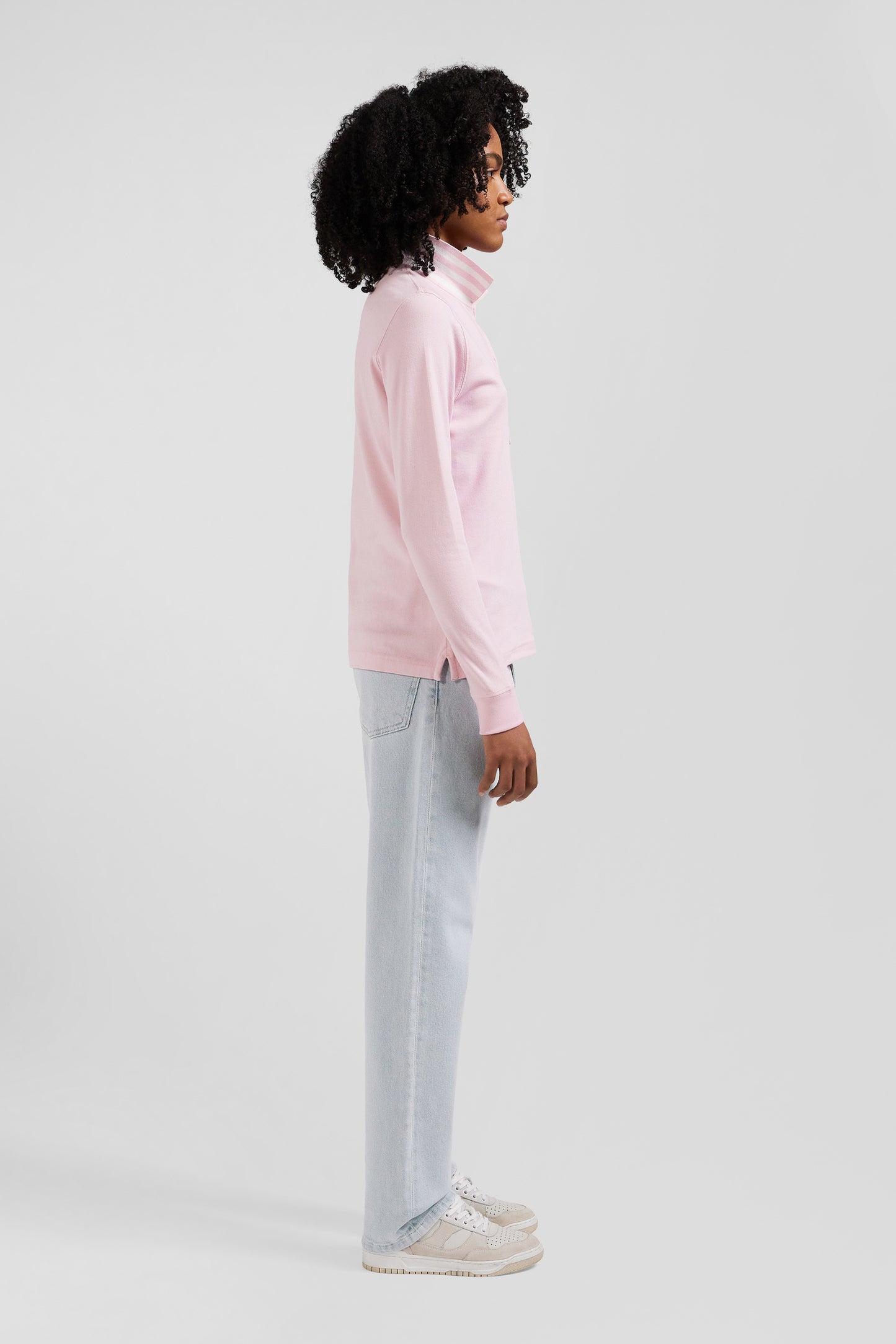 Slim pink long-sleeved stretch cotton polo shirt