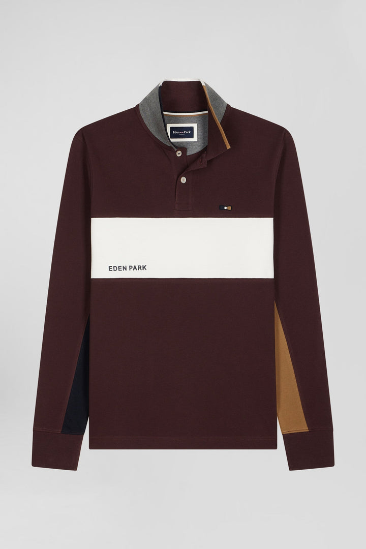 Polo manches longues colorblock en piqué coton bordeaux coupe Regular alt view