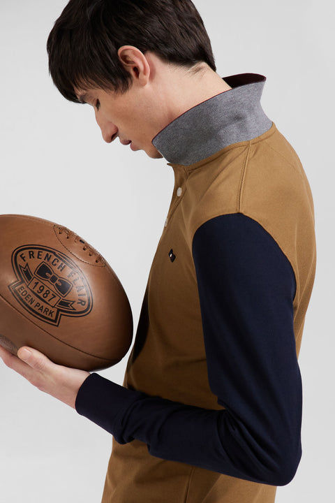 Long-sleeved polo shirt in two-tone cotton piqué with hazelnut jacquard collar Regular fit - Image 3