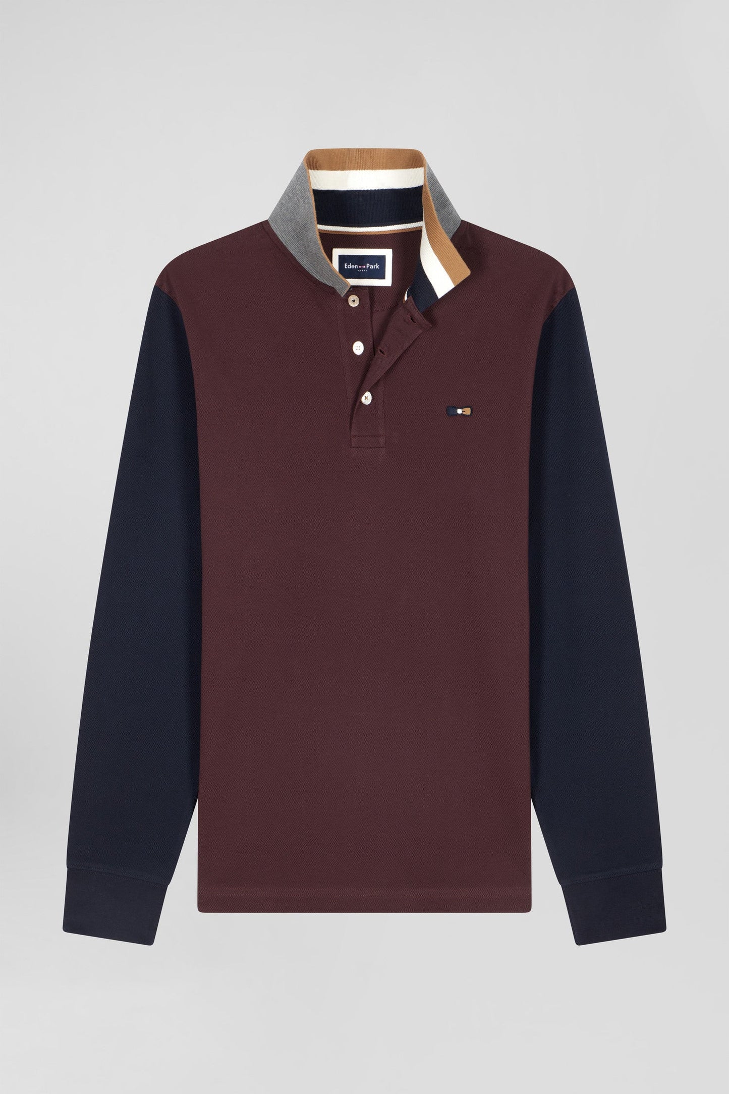 Polo manches longues en piqué coton bicolore bordeaux col jacquard coupe Regular - Image 2