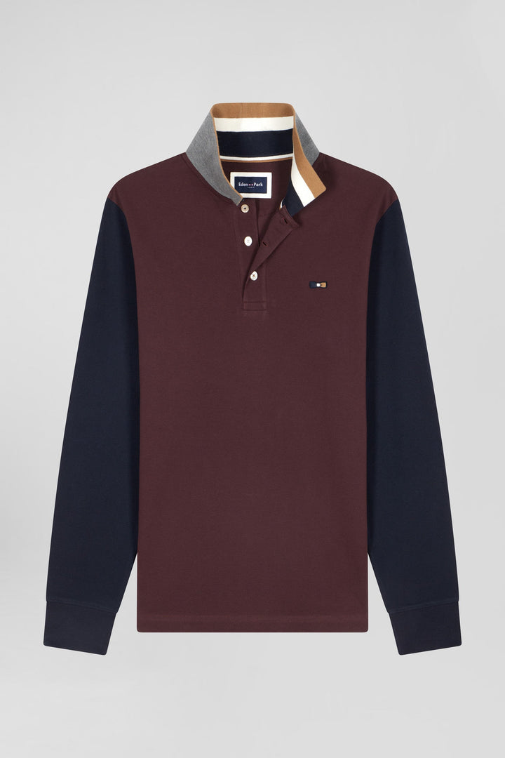 Polo manches longues en piqué coton bicolore bordeaux col jacquard coupe Regular alt view