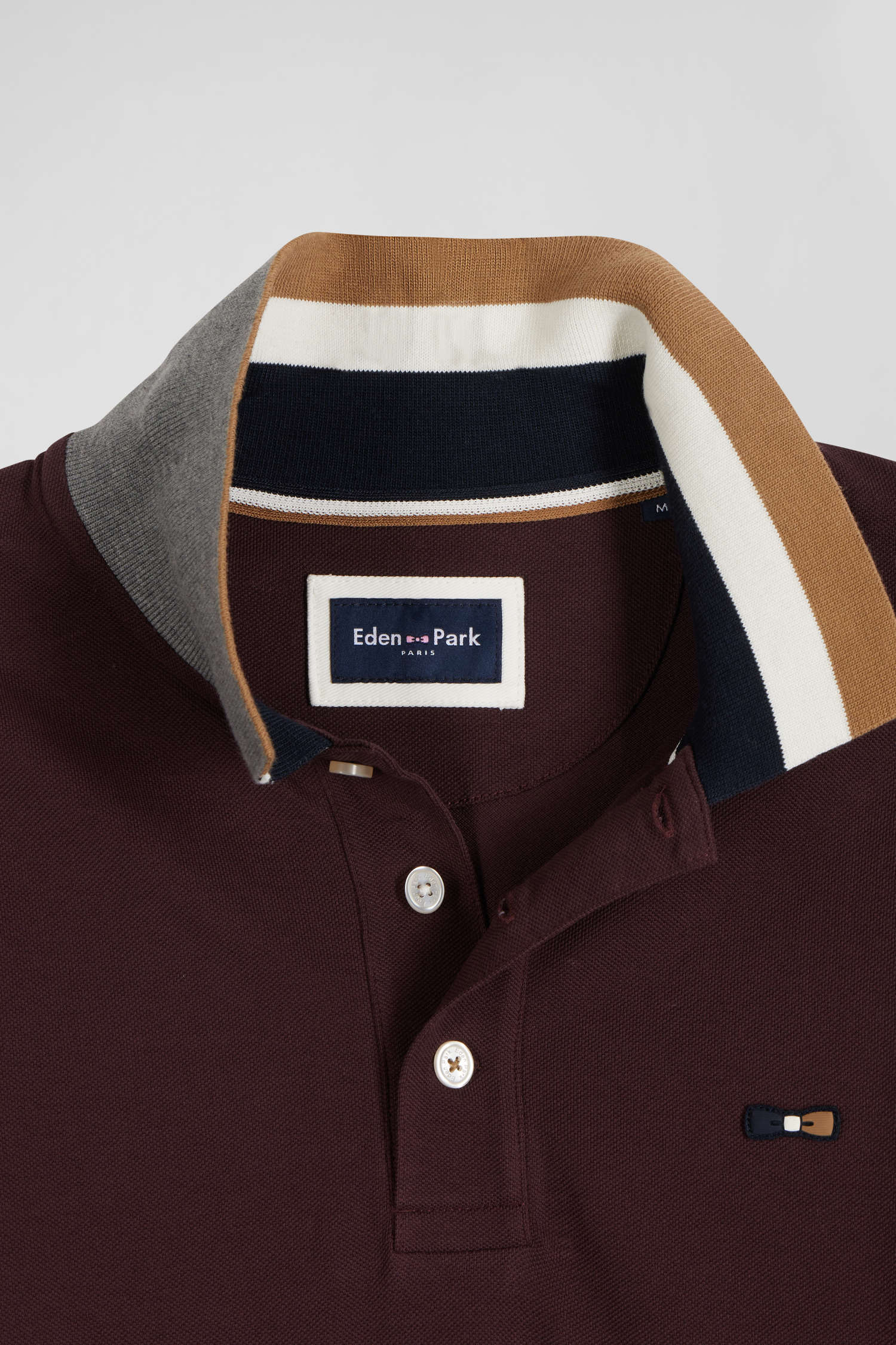 Polo manches longues en piqué coton bicolore bordeaux col jacquard coupe Regular