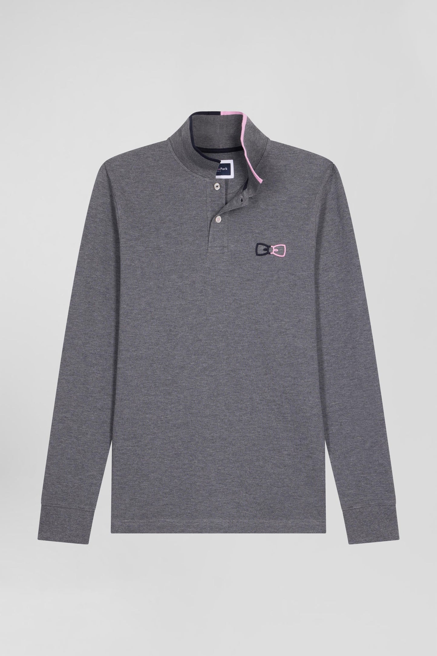 Polo manches longues en piqué coton gris détails roses coupe Regular - Image 2