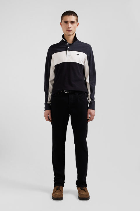 Regular black tricolor long-sleeved cotton piqué polo shirt - Image 1