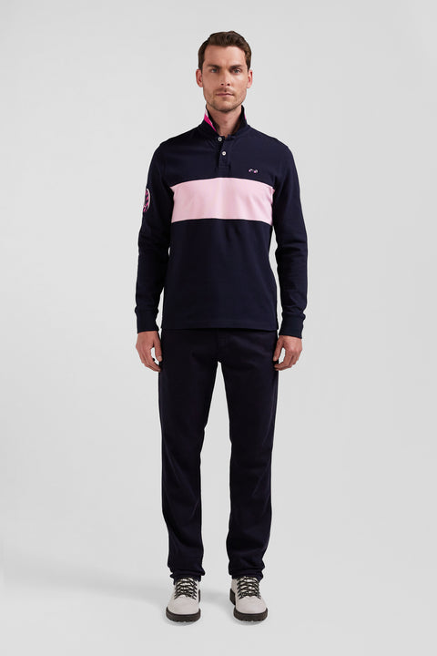 Regular pink long-sleeved cotton piqué polo shirt with sleeve embroidery - Image 1
