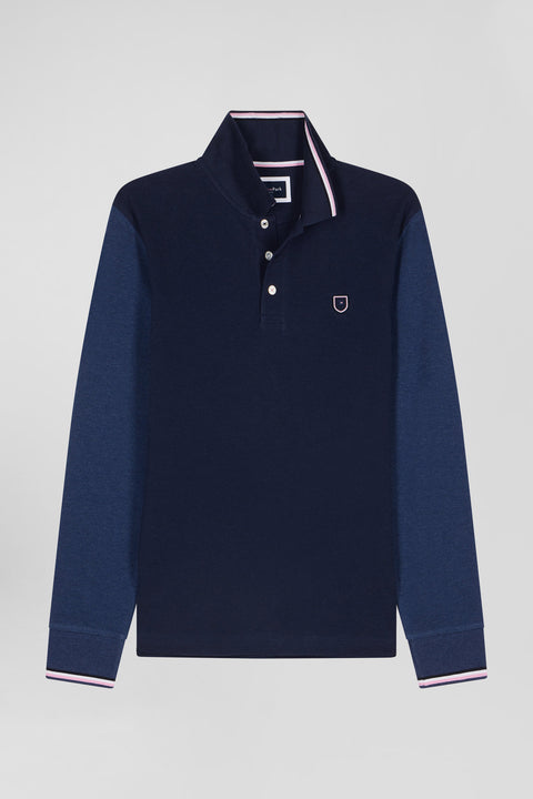 Regular navy long-sleeved cotton piqué polo shirt with jacquard collar and rubber badge - Image 2