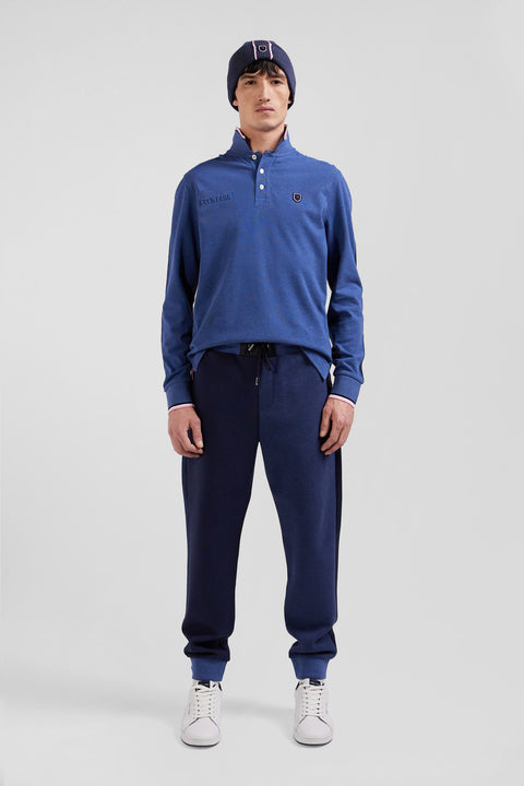 Regular dark blue long-sleeved cotton piqué polo shirt with tricolor details - Image 1