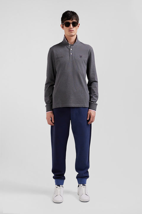 Regular grey long-sleeved cotton piqué polo shirt with tricolor details - Image 1