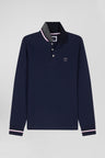 Regular navy blue long-sleeved cotton piqué polo shirt with rubber badge